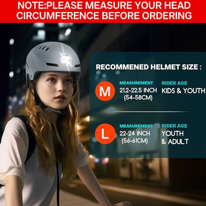 DKONI Bike Helmet with LED Lights Bicycle Helmets Commuter Cycling Helmet USB Rechargeable Front & Back LED Light Helmet for Adult Men Women - color: Grey, size: Medium: 20.5-22.5inch (52-58cm)
