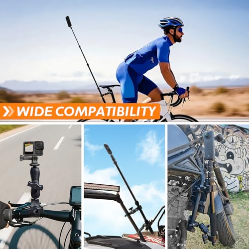 Motorcycle Mount for Insta 360 X5 X4 X3, for DJI Osmo & GoPro Cameras, Bike Handlebar Camera Mounts with 59" Invisible Selfie Stick Bundle Kit for Motorcycle Bike Riding