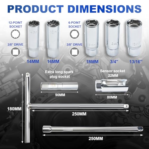 LainKeen Magnetic Spark Plug Socket Set 15PCS, CR-V Thin Wall Socket 3/4" 13/16" 14mm 16mm 18mm with T-Shaped Extension Bar, Universal Joint, Spark Plug Gapper, 8-12mm Glow Plug Removal Tool