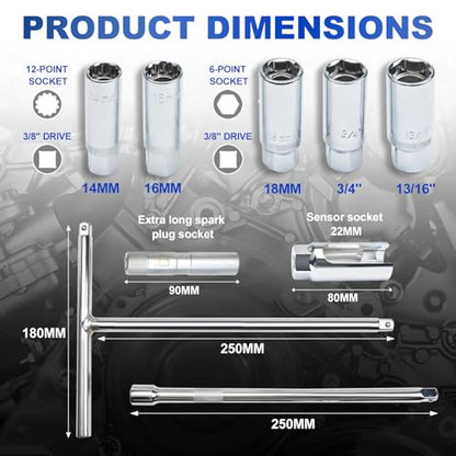 LainKeen Magnetic Spark Plug Socket Set 15PCS, CR-V Thin Wall Socket 3/4" 13/16" 14mm 16mm 18mm with T-Shaped Extension Bar, Universal Joint, Spark Plug Gapper, 8-12mm Glow Plug Removal Tool