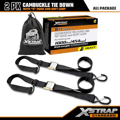 XSTRAP STANDARD Motorcycle Tie Down Straps (2 Pack) 3,000lb Break Strength, 1.5 in X 8FT Heavy-Duty Cambuckle Tie Down Set with S Hook and Soft Loops, Black - color: Black
