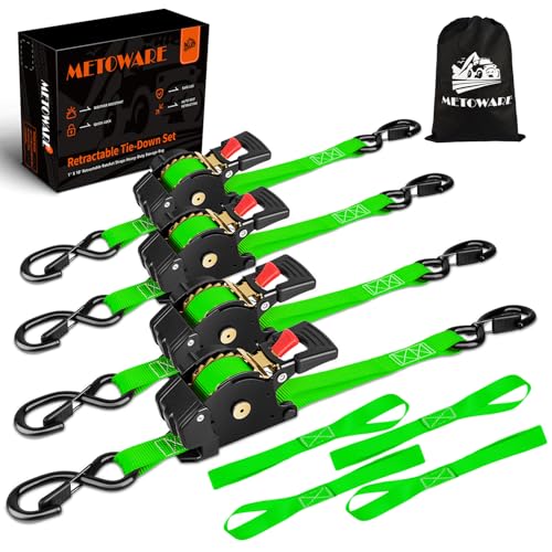 METOWARE Retractable Ratchet Straps (4-Pack) - 1 in x 10 Ft (1500lb Break Strength) - Heavy Duty Auto Self Retracting Tie Down Straps for Truck, Trailer, Cargo Van, Motorcycle - Green - color: Green, size: 4-pack