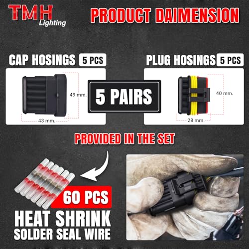 TMH 10Pcs 6 Pin Electrical Connector Male and Female, 10cm. 22 AWG Waterproof Wire Connectors 6 Way with Heat Shrink Tubing for Car Truck Boat Wire Connection (5 Set) - size: 6 Pin - 5 Sets