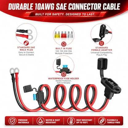 SAE to O Ring Connector 1FT 10AWG, SAE Battery Quick Connect Plug Waterproof Extension Cable for Solar Panel, Street & Road Glide Motorcycle Charging Port Upgrade, RV, Solar Generator Battery Charger - size: 1FT