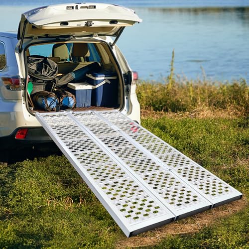 Aluminum Tri-Fold Trailer Ramps with Treads, 1 Pack 1500 lbs Heavy-Duty Anti-Slip Aluminum Loading Ramps ATV Ramp with Load Straps, 77" L x 54" W Tri-Fold Ramp for Lawn Mowers, Garden Tractors - size: 1Pcs 77" x 54" 1500Lbs Fold Ramps