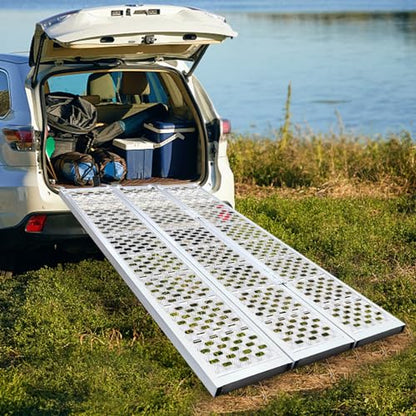 Aluminum Tri-Fold Trailer Ramps with Treads, 1 Pack 1500 lbs Heavy-Duty Anti-Slip Aluminum Loading Ramps ATV Ramp with Load Straps, 77" L x 54" W Tri-Fold Ramp for Lawn Mowers, Garden Tractors - size: 1Pcs 77" x 54" 1500Lbs Fold Ramps