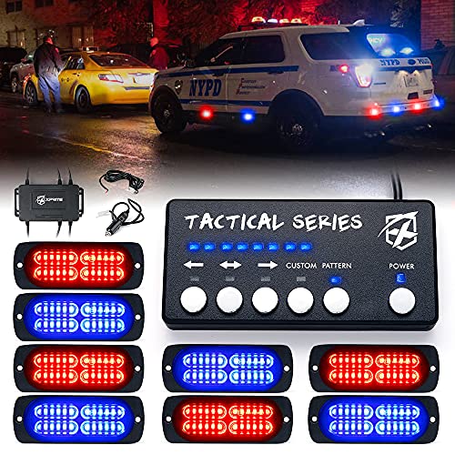 Xprite 24 LED Surface Mount Strobe Lights Kit with Control Panel, Grill Grille Side Marker Flashing Emergency Warning Police Light Assembly for Trucks Vehicles ATV UTV RV Cars Van Red Blue, 8PCS - color: Red Blue, size: 8 PCS
