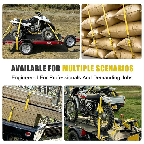 AWELCRAFT Ratchet Straps Heavy Duty 4 Pack,4500lbs Breaking Strength,1.5in×15ft Tie Down Ratcheting Strap with Padded Handles, Double J Hooks & Soft Loops for Motorcycle,Trailer & Trucks (Yellow) - color: Yellow
