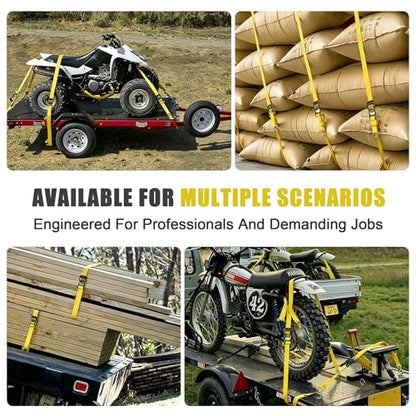 AWELCRAFT Ratchet Straps Heavy Duty 4 Pack,4500lbs Breaking Strength,1.5in×15ft Tie Down Ratcheting Strap with Padded Handles, Double J Hooks & Soft Loops for Motorcycle,Trailer & Trucks (Yellow) - color: Yellow