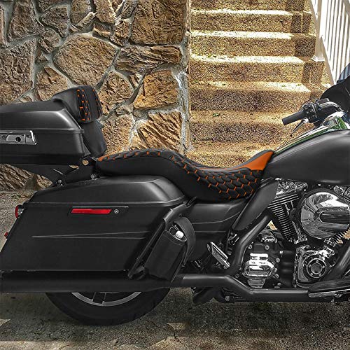 C.C. RIDER Motorcycle Seat Driver Passenger Touring Seat with Backrests for Harley Davison Electra Glide Classic Street Glide Road Glide 2014-2023 - color: Black Orange Seat + Tour Pack Backrest