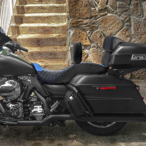 C.C. RIDER Low Profile Touring Seat - Driver Rider Passenger Seat For Harley Davidson Touring Road King Street Glide Road Glide Electra Glide CVO 2014-2023 - color: Black Blue Rider Seat + Sissy Bar