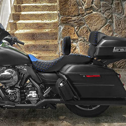 C.C. RIDER Low Profile Touring Seat - Driver Rider Passenger Seat For Harley Davidson Touring Road King Street Glide Road Glide Electra Glide CVO 2014-2023 - color: Black Blue Rider Seat + Sissy Bar