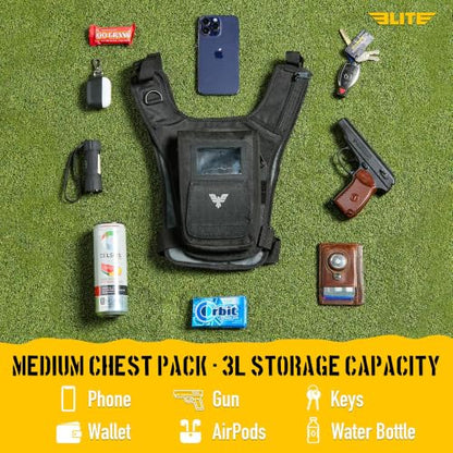 Elite Sports Running Vest w/Phone Holder, Gun Holster for Men/Women, Reflective Lightweight Chest Pack w/Touch Friendly Phone Sleeve, Camera Pocket - Chest Rig for Hiking, Trail, Marathon, Camping - size: Medium