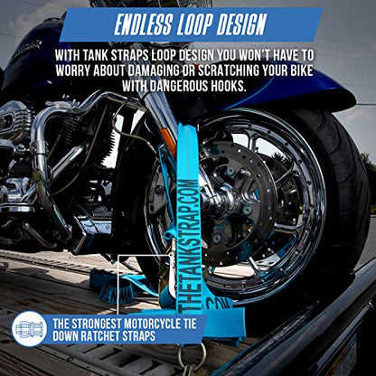 Motorcycle Tie Down Straps (4pk Blue) - 10.000 lb Webbing Break Strength 2'' x 10' Super Heavy Duty Endless Tie Downs with Ratchet Strap