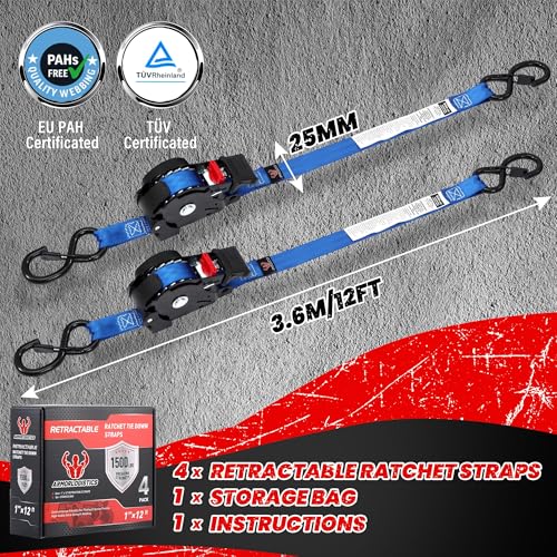 Retractable Ratchet Straps 4 Pack, 1 in x 12 FT Auto Ratchet Straps for Motorcycle, Kayak and Trucks, Breaking Strength 1,500LBS/500LBS Working Load Limit Blue - color: Blue