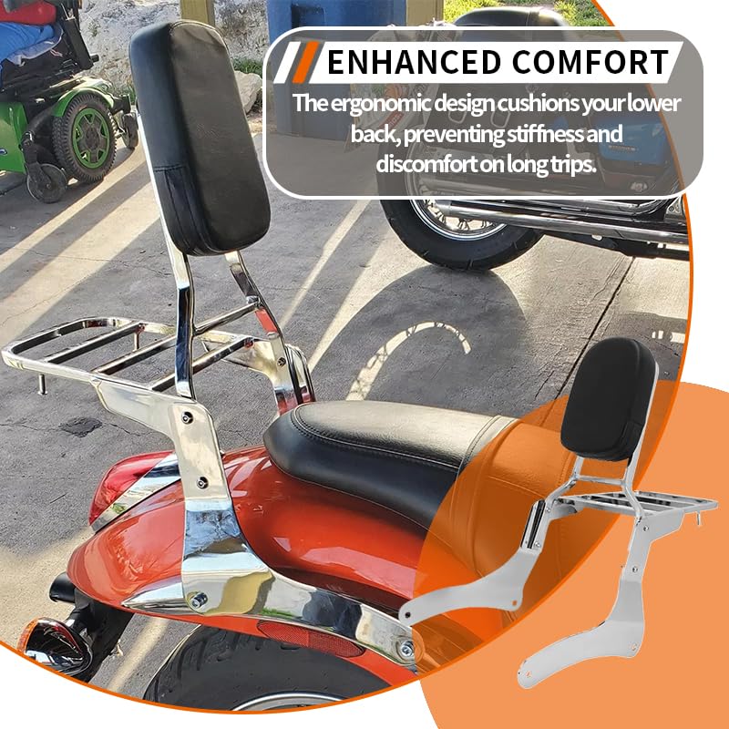 Comfortable Leather Backrest Sissy Bar + Luggage Rack Pad Compatible With Kawasaki Vulcan 900 VN900 1996-2018 (Chrome) (Chrome) - size: Chrome
