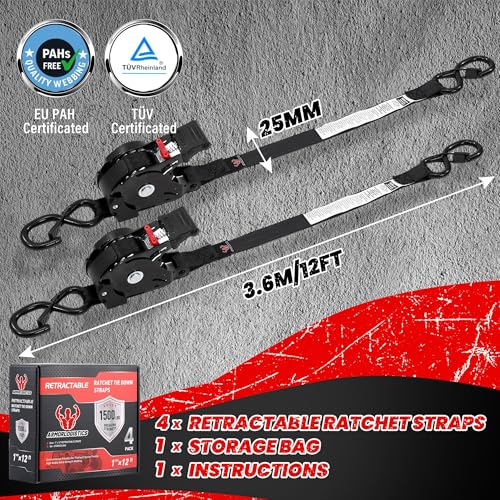 Retractable Ratchet Straps 4 Pack, 1500LBS Break Strength Self Retracting Tie Down Straps, 1" x 12' Auto Ratchet Straps for Motorcycle, Kayak and Trucks, Black - color: Black
