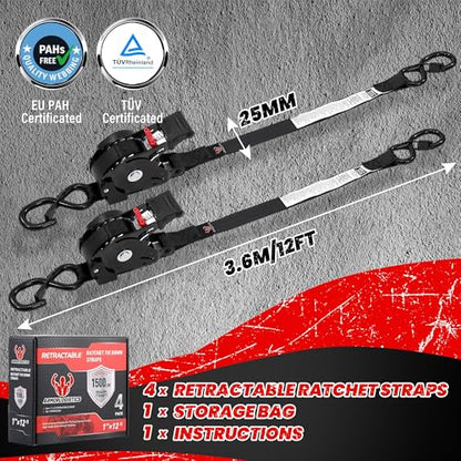 Retractable Ratchet Straps 4 Pack, 1500LBS Break Strength Self Retracting Tie Down Straps, 1" x 12' Auto Ratchet Straps for Motorcycle, Kayak and Trucks, Black - color: Black