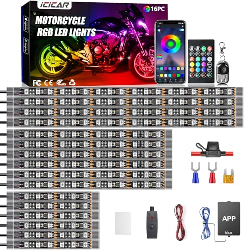 Motorcycle LED Underglow Kit, icicar 16 Pcs APP/RF Control Multicolor Motorcycle LED Light Kit with Brake Turn Signal, IP68 Waterproof & Music Sync Ambient Light for Motorcycles - color: 16Pcs