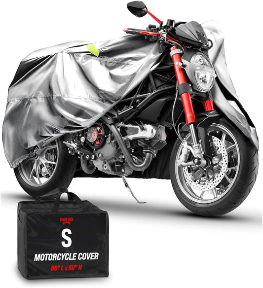 Badass Moto Ultimate Motorcycle Cover Waterproof Outdoor, Heavy Duty Motorcycle Cover for Harleys - Motorcycle Sun Cover, Fits Harley Davidson Motorcycle Covers, Street or Sportbike Cover - color: Light Gray, size: [S] 86"L x 36"W x 50"H