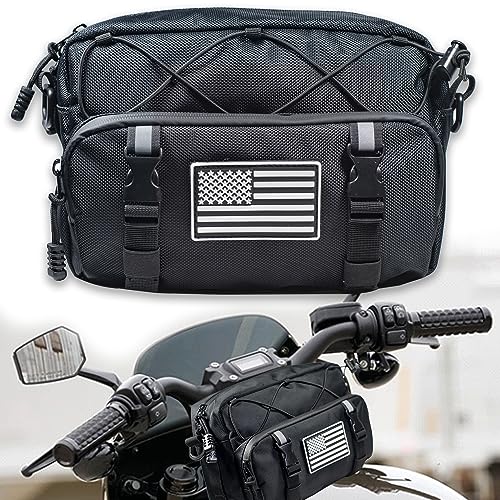 Universal Black Motorcycle Handlebar Bag - Water-resistant American Flag 1680D Tool Bag for Motorbike, Cruiser, Softail, Dyna, Sportsters, Dirt Bike, ATV - color: Black
