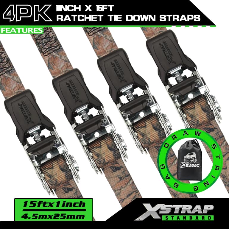 XSTRAP STANDARD 4 Pack 1" x 15' Ratchet Tie Down Straps - 630 Lbs Load Cap, 1890 Lbs Break Strength, Heavy Duty Cargo Straps for Moving, Truck & Motorcycle, Camouflage - style: 4pk 1inchx15ft 1890lbs camouflage