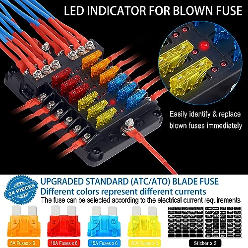 Fuse Block, 12v Fuse Box Holder with Led Indicator Waterproof Cover, Cyrico 12 Circuits Panel with Negative Bus for 12V/24V Automotive Car Truck Boat Marine Rv Trailer, 24 Pcs Blade Inserts
