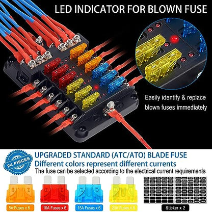 Fuse Block, 12v Fuse Box Holder with Led Indicator Waterproof Cover, Cyrico 12 Circuits Panel with Negative Bus for 12V/24V Automotive Car Truck Boat Marine Rv Trailer, 24 Pcs Blade Inserts