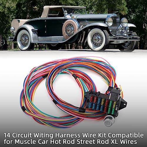 14 Circuit Wiring Harness Universal for Street Muscle Car Hot Rod Rat XL Copper Wire Harness 12V Fuse Wiring Harness Kit Compatible with Chevy Ford Chrysler Mopar Muscle Car