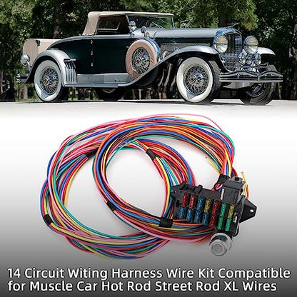 14 Circuit Wiring Harness Universal for Street Muscle Car Hot Rod Rat XL Copper Wire Harness 12V Fuse Wiring Harness Kit Compatible with Chevy Ford Chrysler Mopar Muscle Car