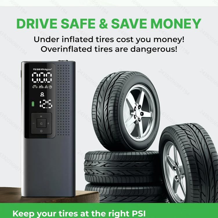Portable Tire Inflator with Digital Pressure Gauge, Rechargeable Battery, LED Light, Wireless, for Cars, Motorcycles, Bikes and Balls