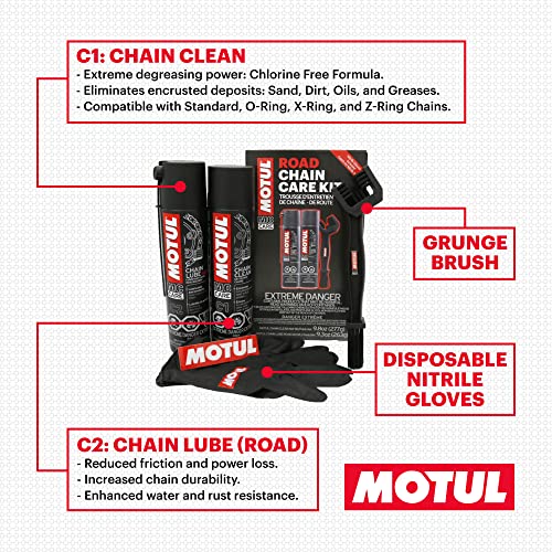 Motul C1 Chain Cleaner and C2 Motorcycle Chain Lube Kit with Brush, Gloves, and Sticker, Complete Road Motorcycle Maintenance Kit for Street Bikes and Karts