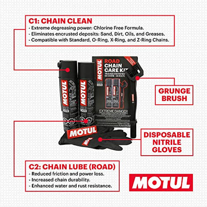 Motul Motorcycle Chain Care Bundle – C1 Chain Cleaner (2-Pack) + C2 Chain Lube Kit w/Brush & Gloves – Complete Road Motorcycle Maintenance Kit