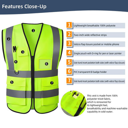 Reflective Safety Vest for Women Men High Visibility Security With Pocket Zipper Front Meet ANSI/ISEA Standard - color: Green(cloth), size: Large
