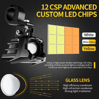 Motorcycle Auxiliary Lights Driving LED Fog Lights Spotlights White/Amber High/Low Beam with 7 Modes Dual-Color, Universal Fit for Motorcycle SUV ATV UTV, 2PCS