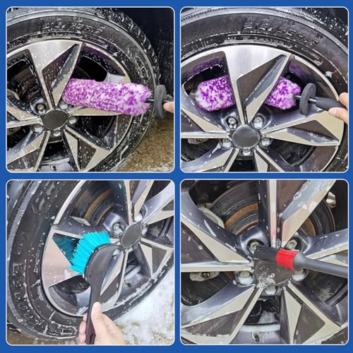 5 Pack Car Wheel and Tire Cleaner Brushes Kit Auto Motorcycle Rim Ultra Soft Microfiber No Spatter Bendable Woolies Bristle Cleaning Set (Purple & White) - color: Purple & White
