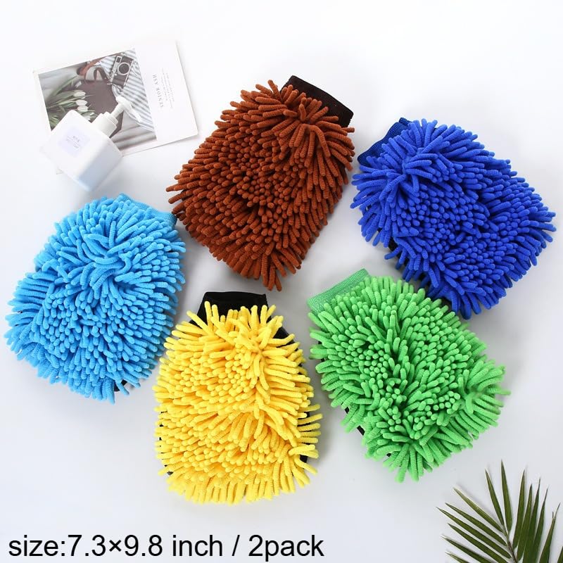 2 Pack Car Wash Mitt, Microfiber Chenille Cleaning Glove, Scratch-Free, High Absorbency, for Home Car Care, Motorcycle & Truck Washing (Blue) - color: Blue