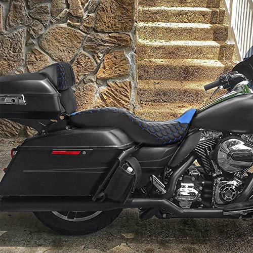C.C. RIDER Motorcycle Seat Driver Passenger Touring Seat with Backrests for Harley Davison Electra Glide Classic Street Glide Road Glide 2014-2023 - color: Black Blue Seat + Tour Trunk Backrest
