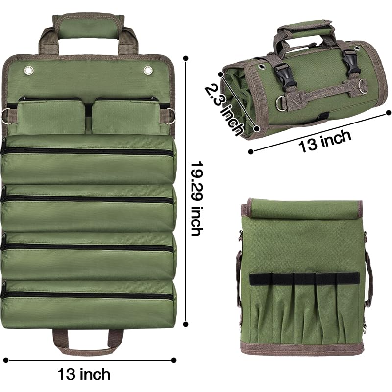 Roll Up Tool Bag, Heavy Duty Portable Soft Tool Storage with 2 Detachable Pouches,guy gifts for Him Dad Men Mechanic Welding, Green