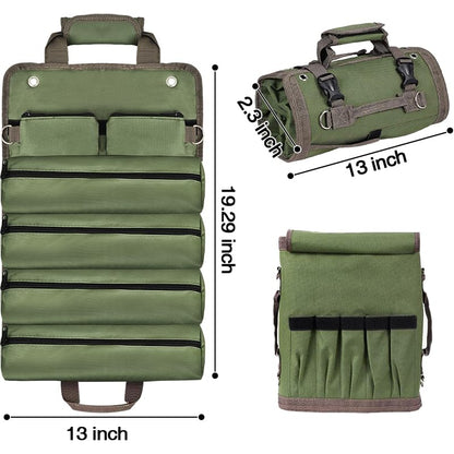 Roll Up Tool Bag, Heavy Duty Portable Soft Tool Storage with 2 Detachable Pouches,guy gifts for Him Dad Men Mechanic Welding, Green