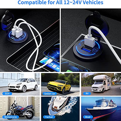 KEWIG Quick Charge 3.0 Dual USB Charger Socket Waterproof 36W 12V 24V USB Outlet Fast Charge with Touch Switch & Blue LED DIY Kit for Car Boat Marine ATV Bus Truck Golf Cart and More