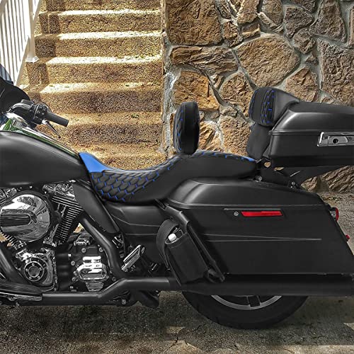 SLMOTO Rider Passenger Seat Driver Sissy Bar Passenger Backrest Pad for Harley Touring Road King Street Electra Road Glide 2014-2023 Black Blue One-Piece Seat Cushion Set - color: Blue + 2 Backrest SP
