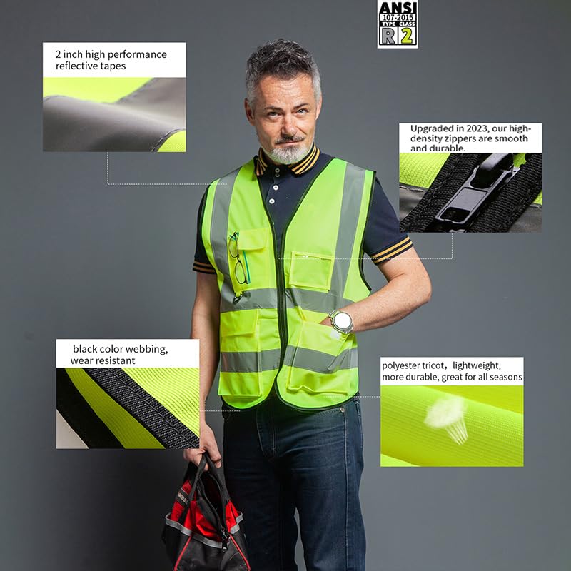 Reflective Safety Vest for Women Men High Visibility Security With Pocket Zipper Front Meet ANSI/ISEA Standard - color: Green(cloth), size: 5X-Large