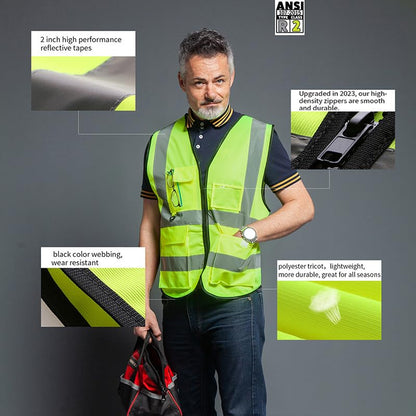 Reflective Safety Vest for Women Men High Visibility Security With Pocket Zipper Front Meet ANSI/ISEA Standard - color: Green(cloth), size: XX-Large
