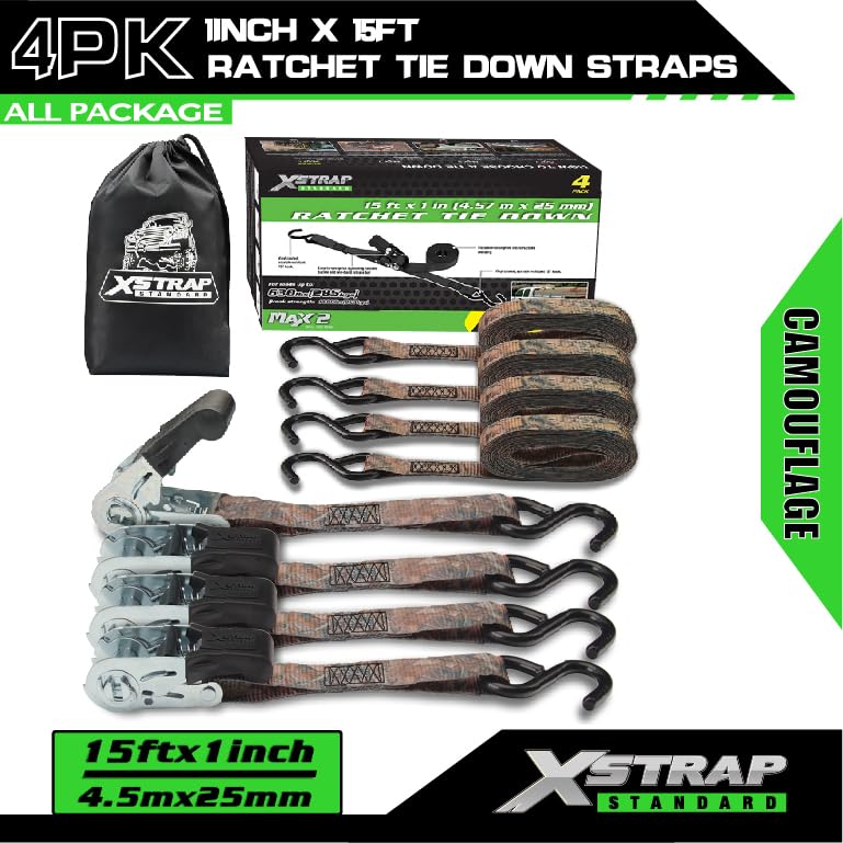 XSTRAP STANDARD 4 Pack 1" x 15' Ratchet Tie Down Straps - 630 Lbs Load Cap, 1890 Lbs Break Strength, Heavy Duty Cargo Straps for Moving, Truck & Motorcycle, Camouflage - style: 4pk 1inchx15ft 1890lbs camouflage