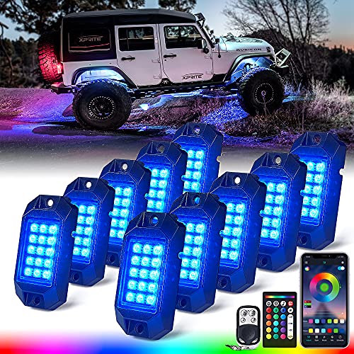 Xprite Bluetooth RGB LED Rock Lights Kit, Multicolor Neon Accent Music Flashing Lighting Underglow Kits with RF Controller for Off-Road, Trucks, Cars, UTV, ATV, SUV, RZR, Motorcycles, Boats - 10 PCS - color: Standard Housing, size: 10 Pods