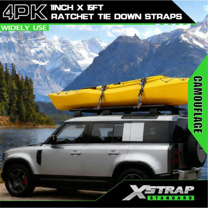 XSTRAP STANDARD 4 Pack 1" x 15' Ratchet Tie Down Straps - 630 Lbs Load Cap, 1890 Lbs Break Strength, Heavy Duty Cargo Straps for Moving, Truck & Motorcycle, Camouflage - style: 4pk 1inchx15ft 1890lbs camouflage