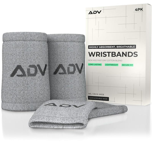 ADV Tennis Wristbands with New Age Polyester Cotton Blend - Ultra Absorbent Wrist Sweatbands - Doublewide & Slim Wrist Bands for Sweat - 4 Pack or 2 Pack - color: 4-Pack Gray, size: Medium-Large