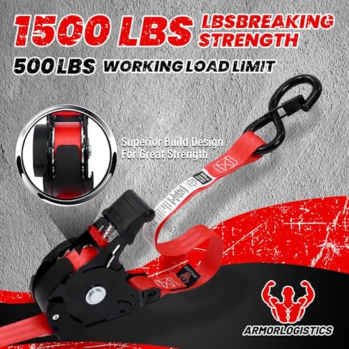 Retractable Ratchet Straps 4 Pack, 1 in x 12 FT Auto Ratchet Straps for Motorcycle, Kayak and Trucks, Breaking Strength 1,500LBS/500LBS Working Load Limit Red - color: Red