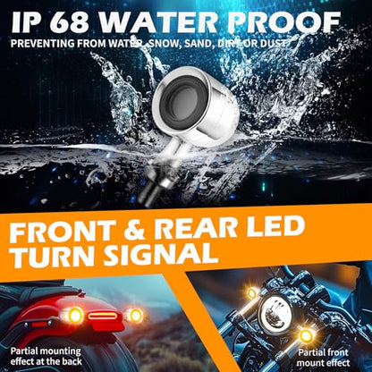 DREAMIZER Motorcycle Led Turn Signal Lights 2pcs,Bullet Blinker Motorcycle Front Rear Lights W/Running Light Universal Compatible with Harley Honda Suzuki Triumph Yamaha Bobber Cafe Racer Chopper - color: A-Front/Chrome shell + yellow-white light
